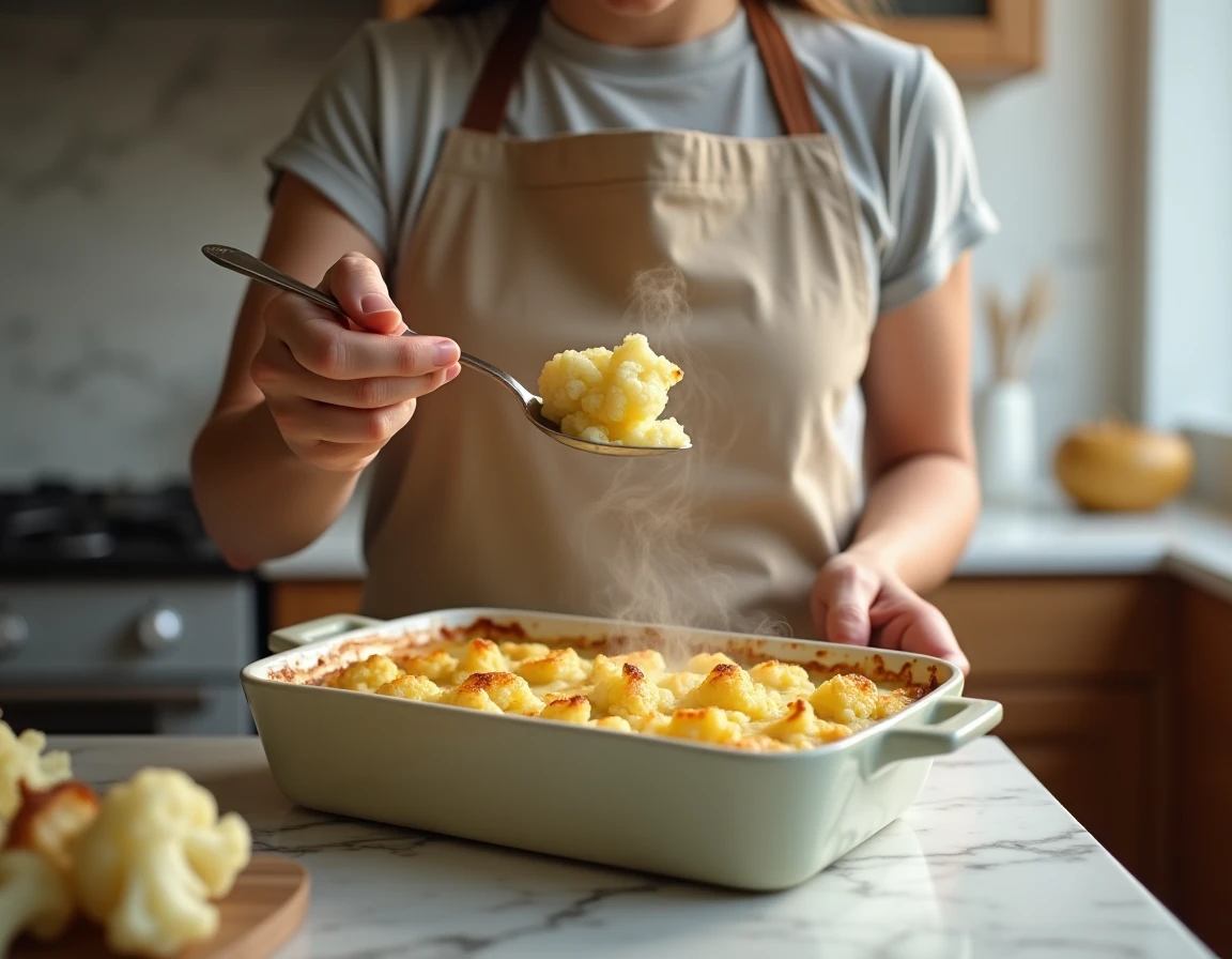 Personne servant une cuillère de gratin de chou-fleur et pomme de terre fumant dans une cuisine familiale