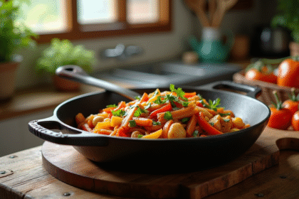 Set de cocottes en fonte avec légumes colorés sur table rustique