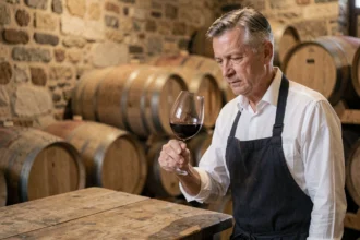 Sommelier expert examinant un grand cru de Bordeaux dans une cave à vin en pierre