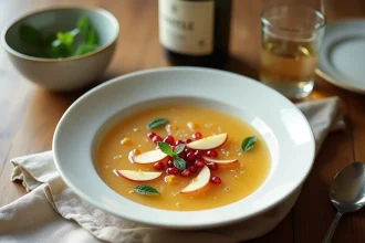 Soupe champagne maison servie dans un bol blanc avec des tranches de pomme et des graines de grenade sur une table en bois rustique