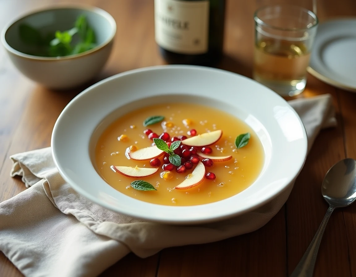 Soupe champagne maison servie dans un bol blanc avec des tranches de pomme et des graines de grenade sur une table en bois rustique