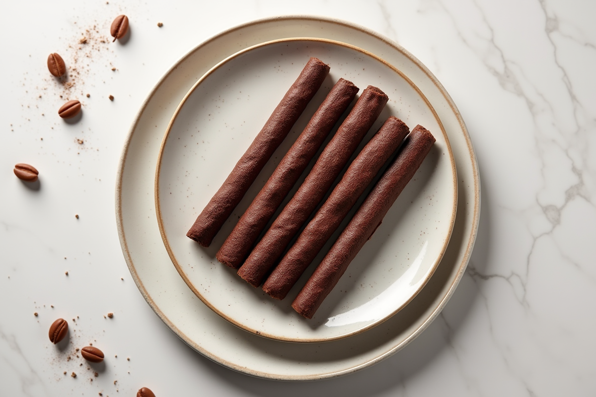 Gamme de sticks de crepe dentelle au chocolat sur assiette