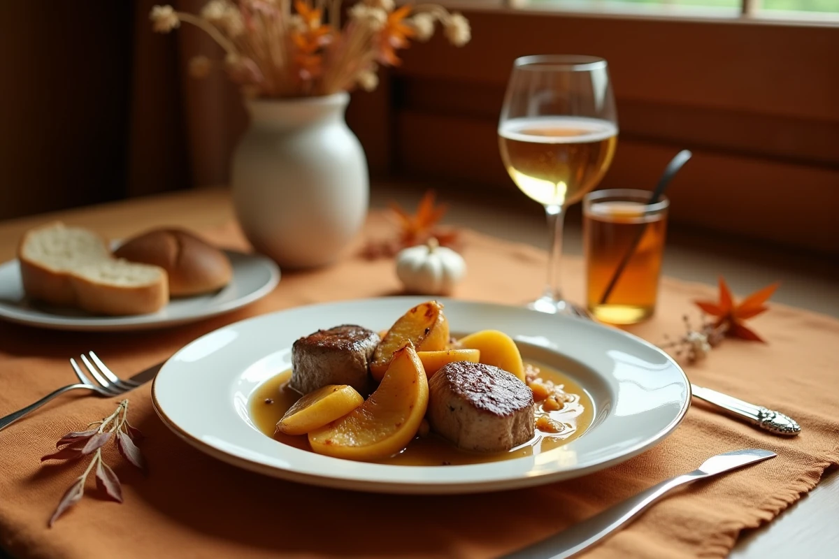 Table dressée pour un repas automnal avec rognon de veau au cidre, pommes et verre de cidre normand
