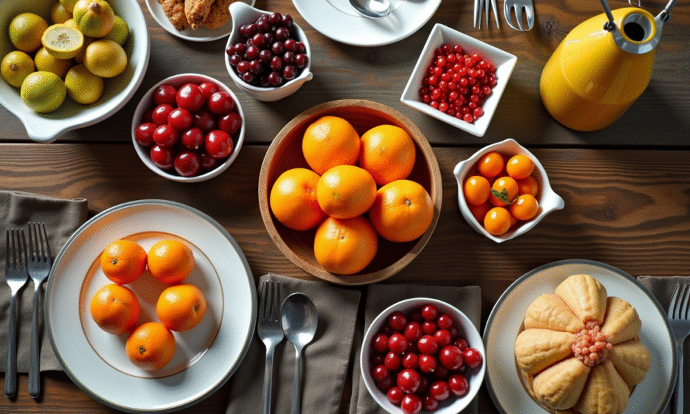 Vue de dessus d'une table avec fruits frais pour un repas en famille