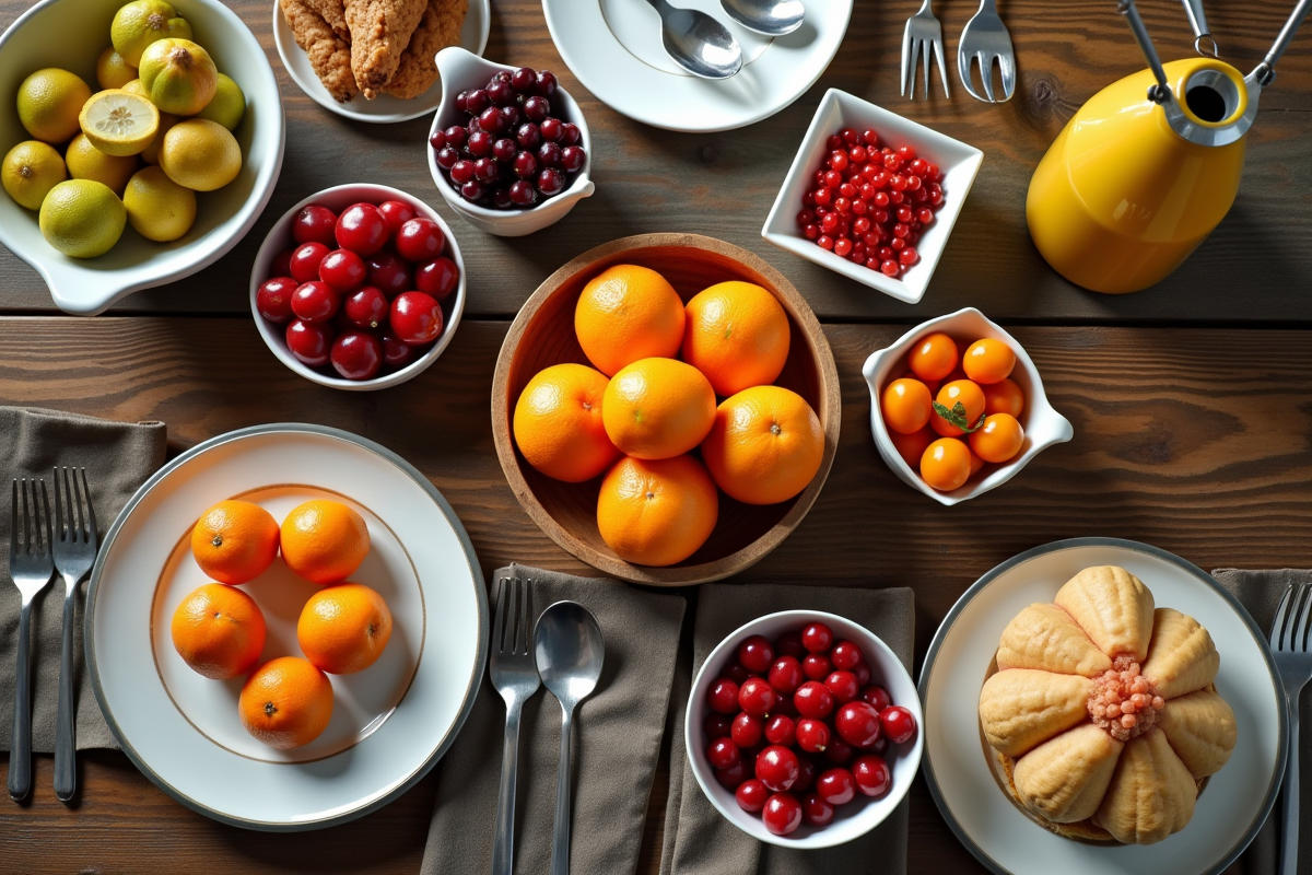 Vue de dessus d'une table avec fruits frais pour un repas en famille