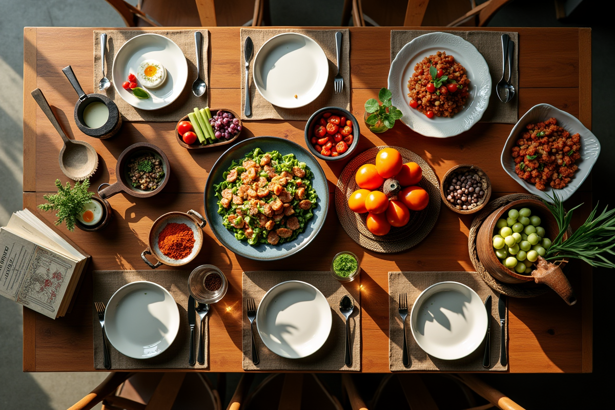 Table élégante avec plats internationaux et épices