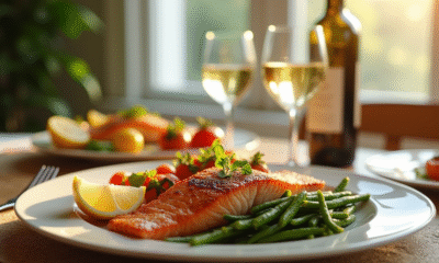 Table élégante avec saumon rôti et vin blanc lumineux