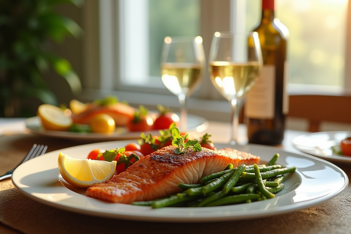 Table élégante avec saumon rôti et vin blanc lumineux