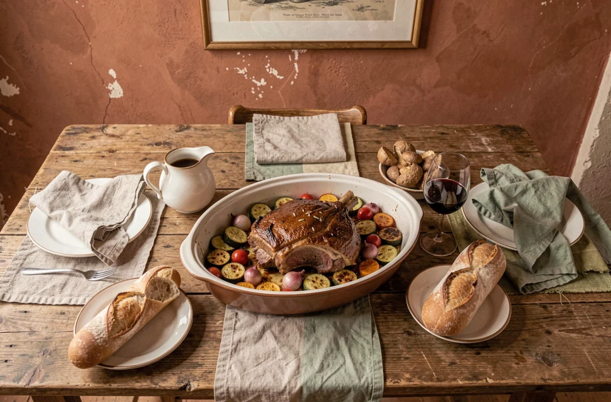 Table dressée avec une épaule d'agneau confite basse température servie en plat familial avec légumes rôtis méditerranéens et jus de cuisson