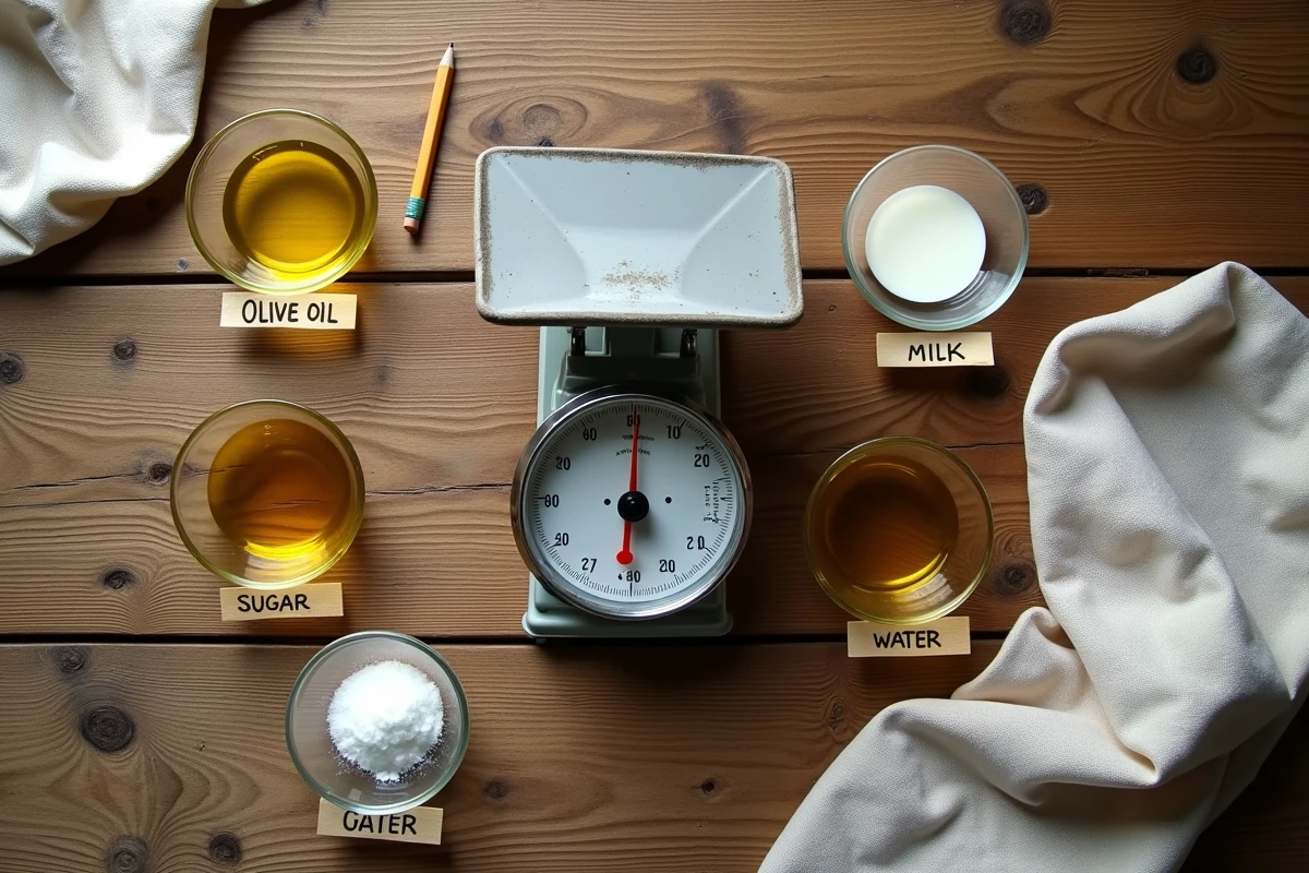 Vue de dessus d'ingrédients variés dans des bols avec tasses graduées en centilitres et notes de conversion en grammes sur une table en bois rustique