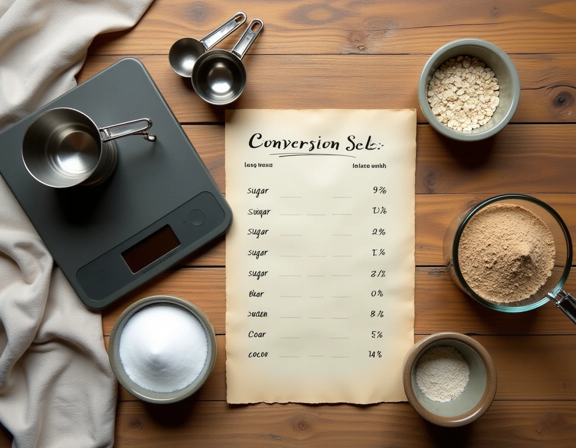 Vue de dessus d'une table avec des tasses de mesure, une balance et un tableau de conversion cup en grammes