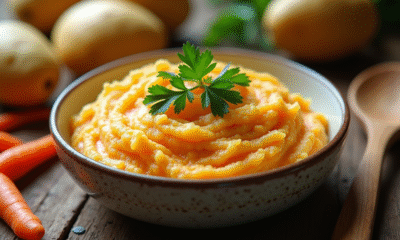 Table rustique avec purée de pommes de terre et carottes garnie de persil