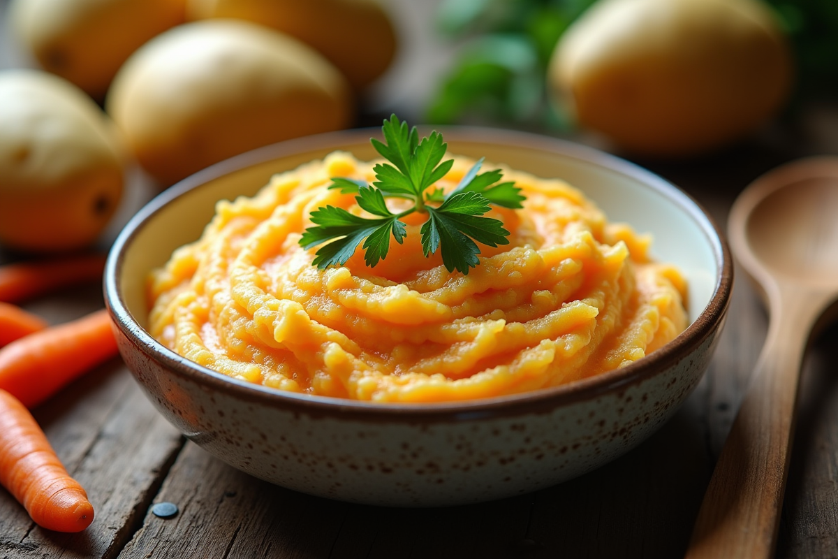 Table rustique avec purée de pommes de terre et carottes garnie de persil