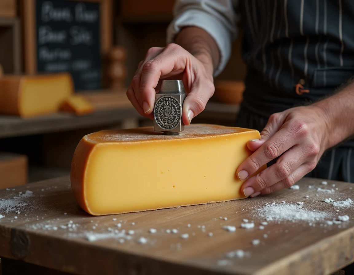 Gros plan de mains d'un fromager tamponnant le label AOP sur une meule de Beaufort dans un chalet montagnard