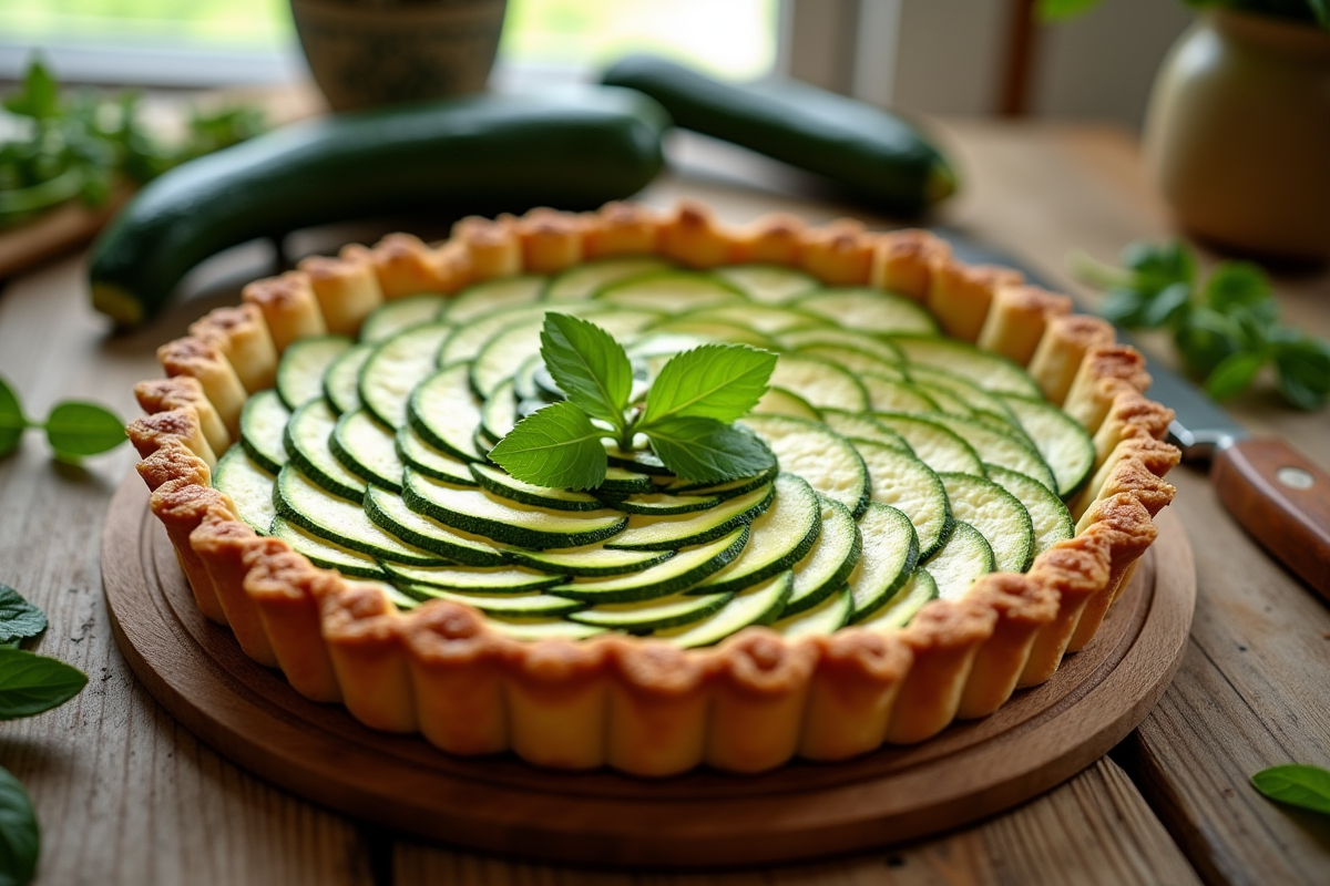 Tarte à la courgette fraîche sur une table en bois