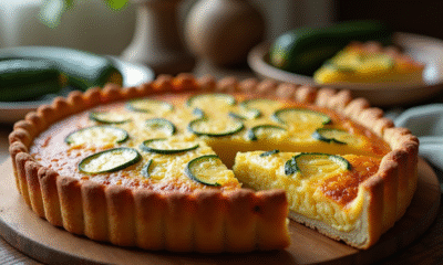 Tarte zucchini cuite en tranches sur une table en bois rustique