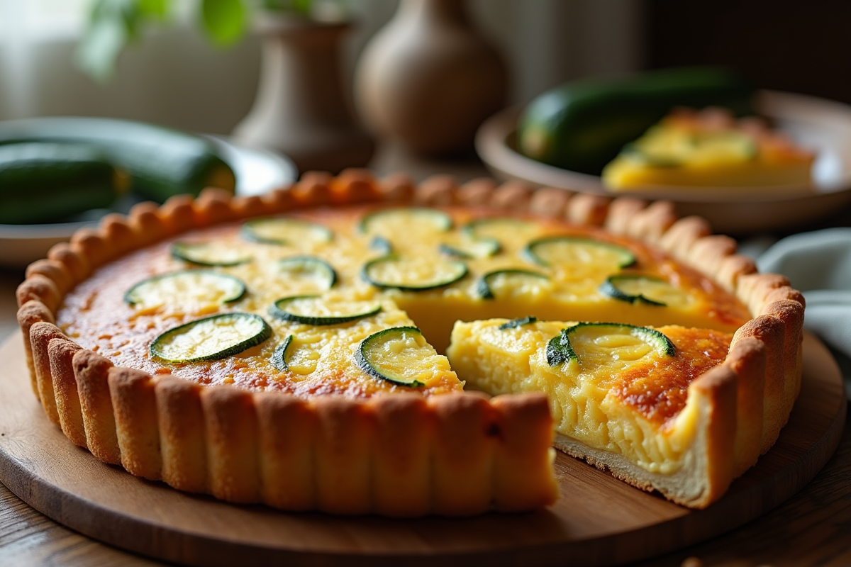 Tarte zucchini cuite en tranches sur une table en bois rustique