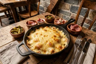 Tartiflette savoyarde avec reblochon fondu dorée dans un poêlon en fonte, servie dans un restaurant alpin rustique avec murs en pierre et poutres en bois