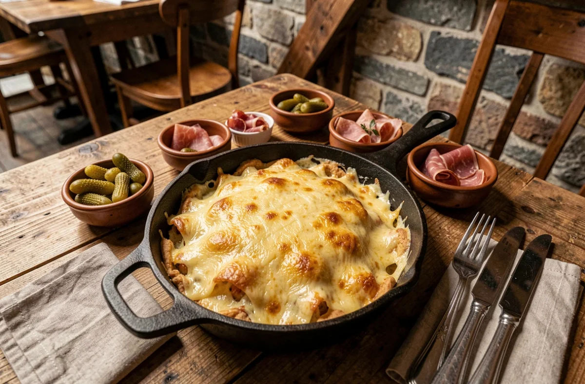 Tartiflette savoyarde avec reblochon fondu dorée dans un poêlon en fonte, servie dans un restaurant alpin rustique avec murs en pierre et poutres en bois