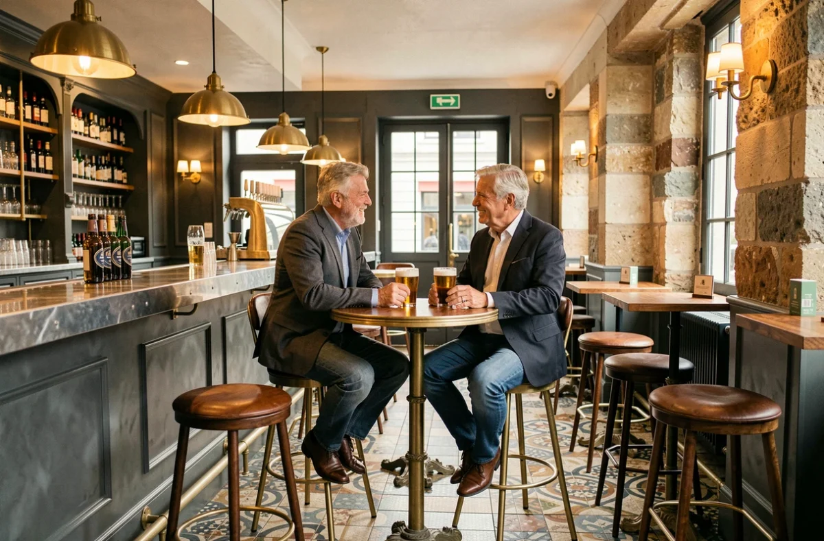 Intérieur rénové de La Taverne armentiéroise à Armentières avec bar en zinc et décor brasserie revisité