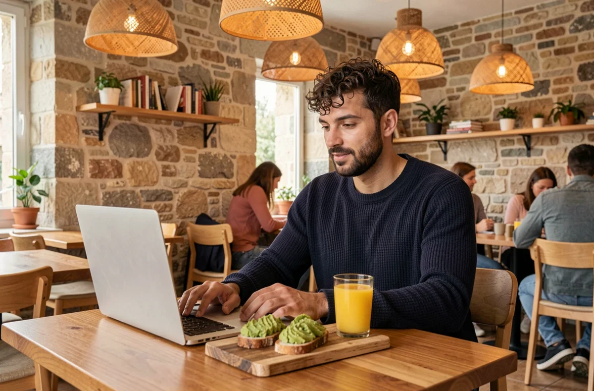Homme en télétravail installé dans un bistrot moderne de Hyères avec brunch et ordinateur portable sur table en bois