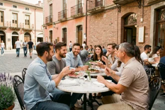 Terrasse animée d'un bistrot traditionnel toulousain avec tables en marbre et murs en brique rose près du Capitole