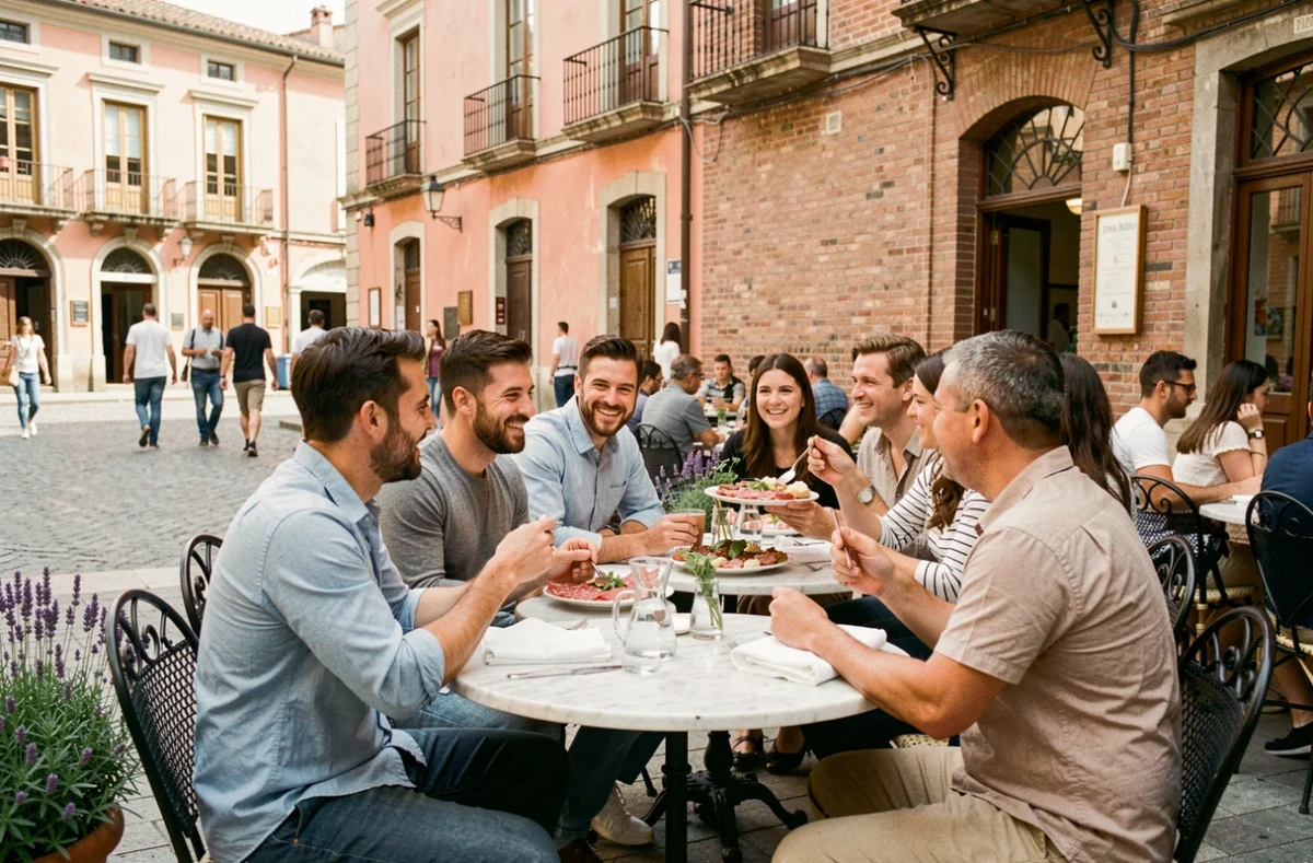 Terrasse animée d'un bistrot traditionnel toulousain avec tables en marbre et murs en brique rose près du Capitole