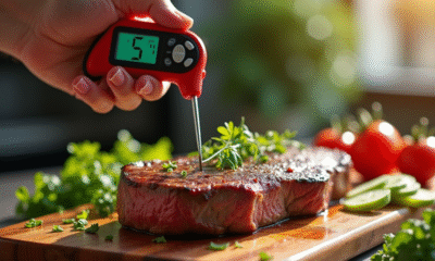 Thermomètre numérique dans un steak cuit sur une planche en bois