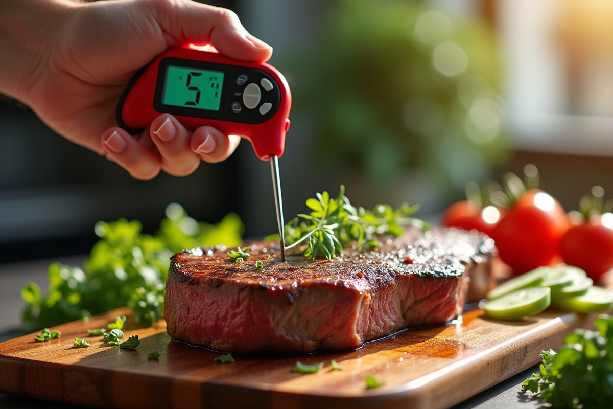Thermomètre numérique dans un steak cuit sur une planche en bois