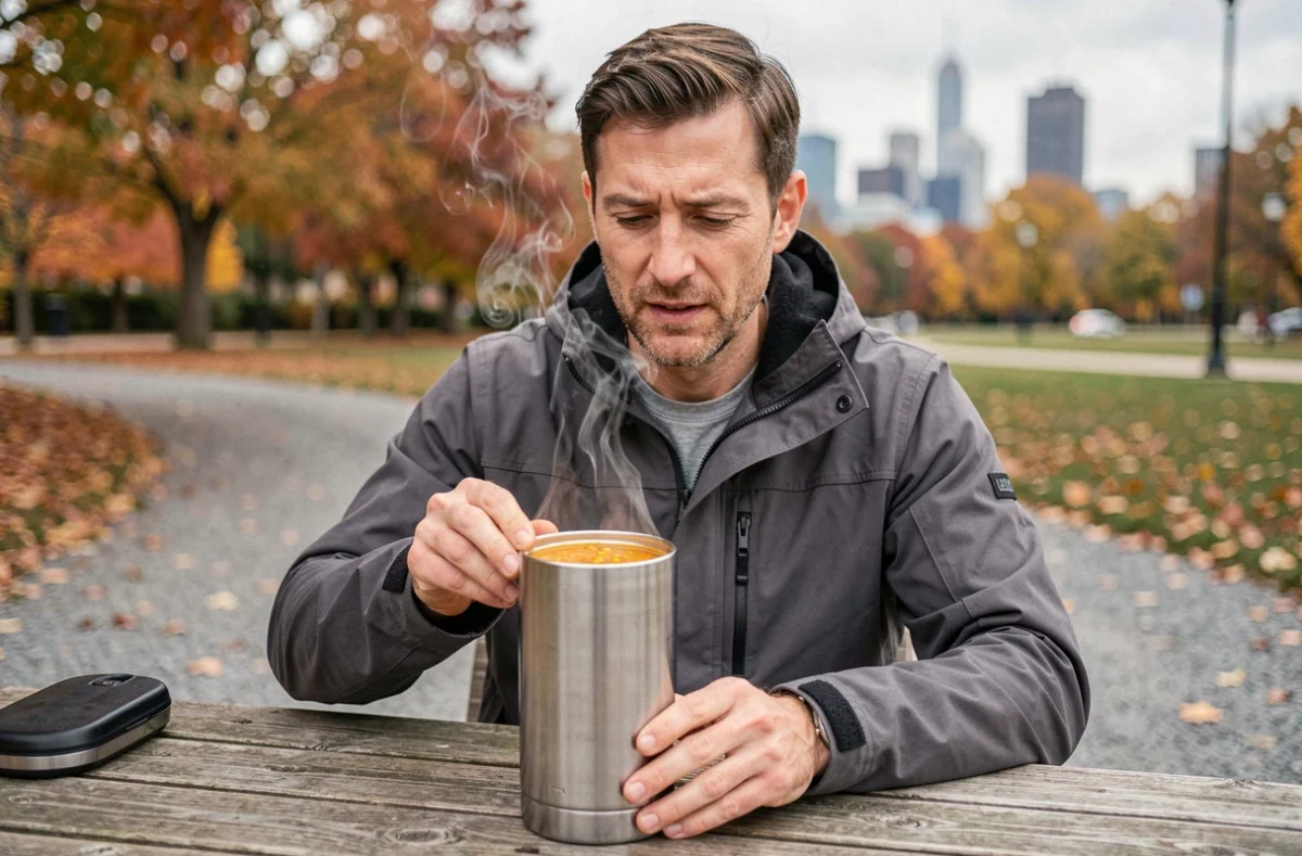 Homme ouvrant une boîte thermos isotherme avec une soupe de lentilles chaude lors d'une pause déjeuner dans un parc urbain