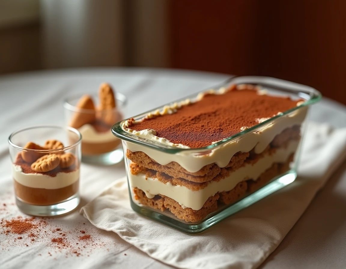 Tiramisu maison en plat en verre avec biscuits cuillère imbibés de café et crème mascarpone au cacao