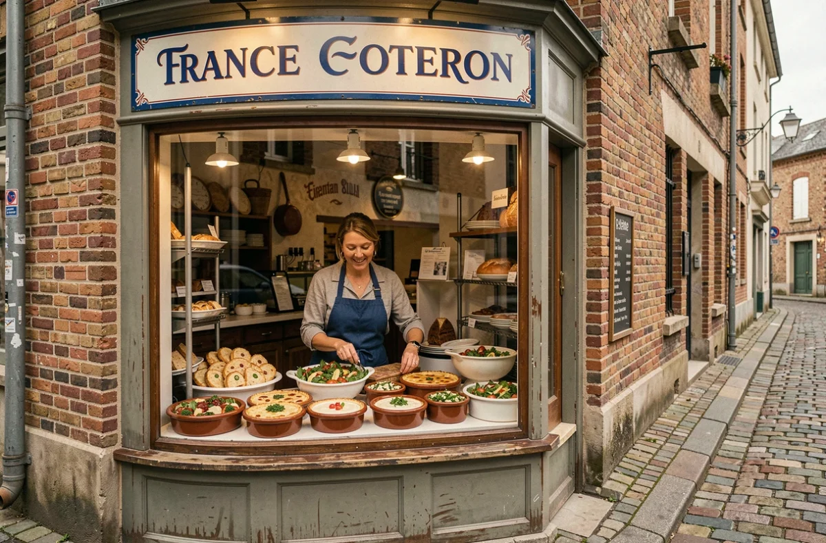 Devanture authentique du Traiteur Lecomte avec vitrine garnie de terrines et quiches dans une rue pavée du Nord