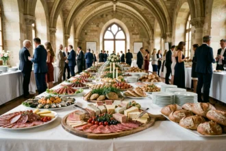 Buffet traiteur élaboré dans une salle de réception des Hauts-de-France avec charcuteries, terrines et plateaux de fruits de mer