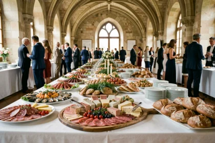 Buffet traiteur élaboré dans une salle de réception des Hauts-de-France avec charcuteries, terrines et plateaux de fruits de mer