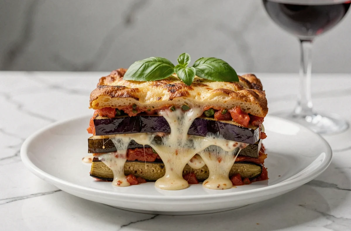 Tranche de gratin d'aubergines fondant avec couches de fromage et sauce tomate aux herbes sur assiette blanche
