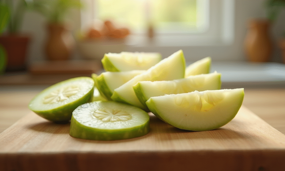 Jicama tranchée fraîche sur planche en cuisine lumineuse