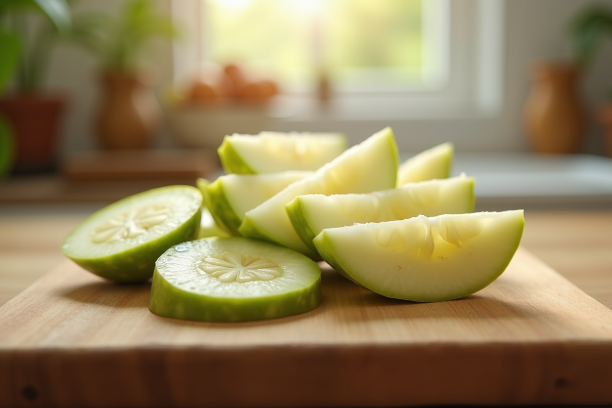 Jicama tranchée fraîche sur planche en cuisine lumineuse