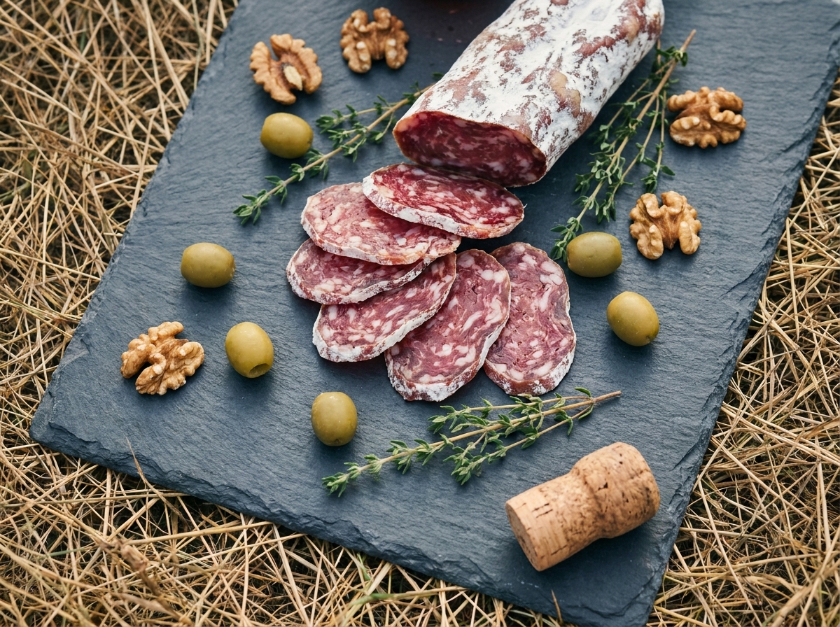 Vue de dessus de tranches de saucisson sec sur ardoise avec olives et noix lors d'un pique-nique estival