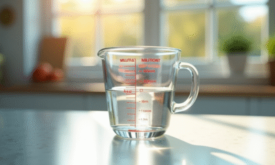 Verre mesureur d'eau sur plan de travail lumineux