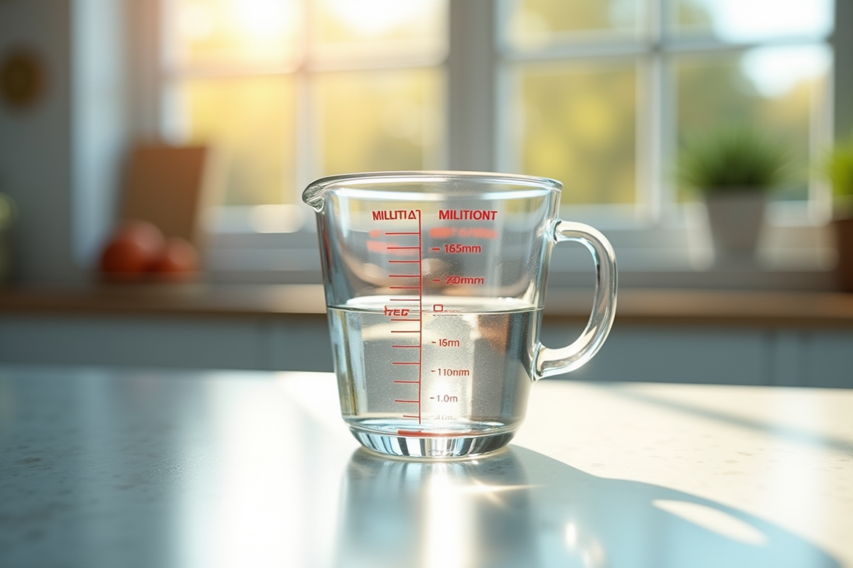 Verre mesureur d'eau sur plan de travail lumineux