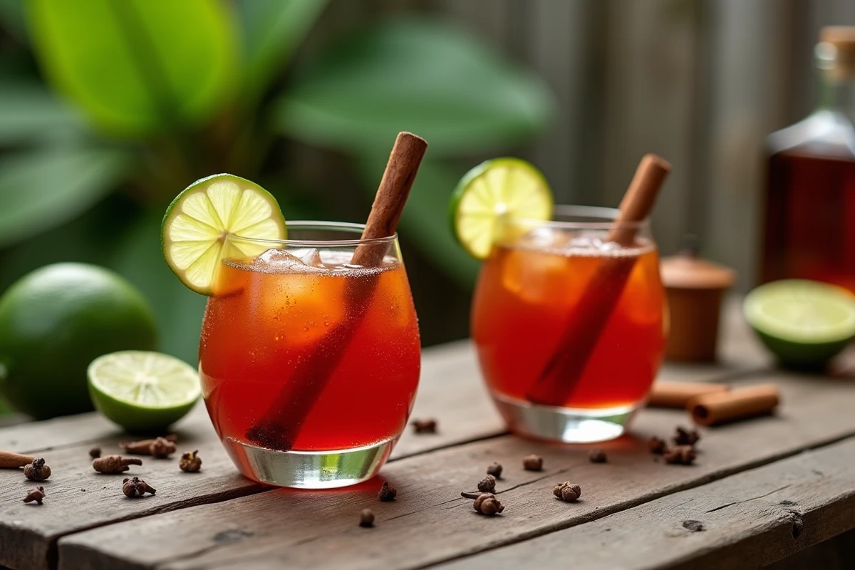 Deux verres de punch antillais maison garnis d'une rondelle de citron vert et d'un bâton de cannelle sur une table en bois extérieure