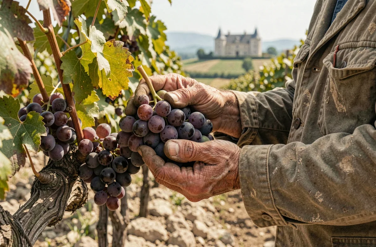 Mains de vigneron tenant des raisins Cabernet Sauvignon mûrs dans un vignoble bordelais