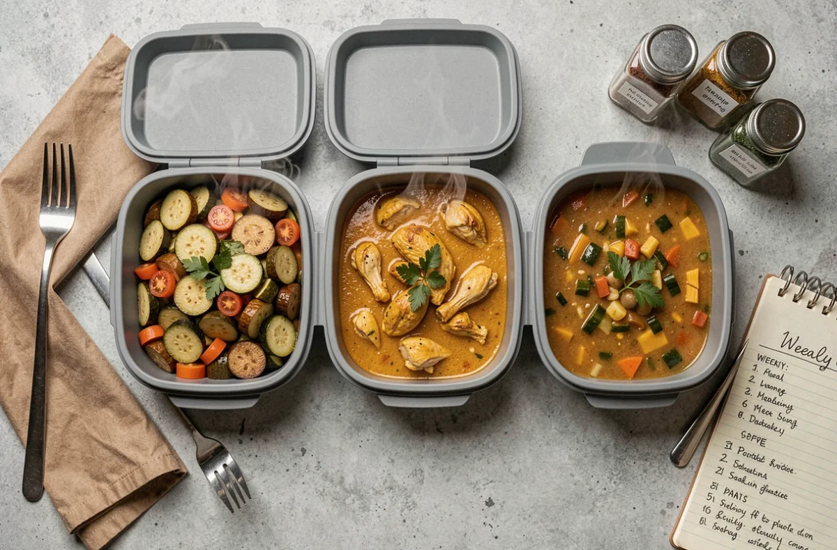 Vue en plongée de trois boîtes repas isothermes ouvertes avec des plats mijotés variés pour le batch cooking hebdomadaire