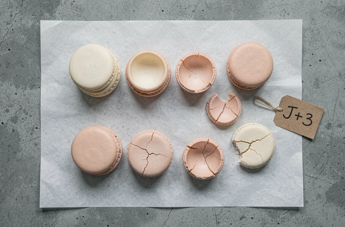 Vue de dessus de coques de macarons vides sur papier sulfurisé avec étiquette de date de fraîcheur artisanale