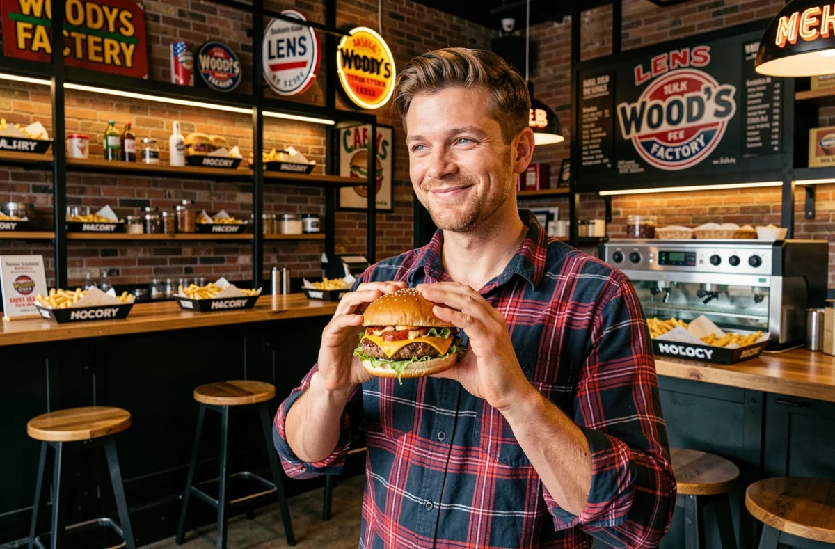 Jeune homme dégustant un burger américain dans le restaurant fast casual Woody's Factory à Lens