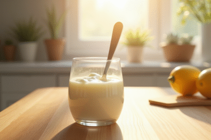 Yaourt maison dans un verre avec cuillère en cuisine lumineuse