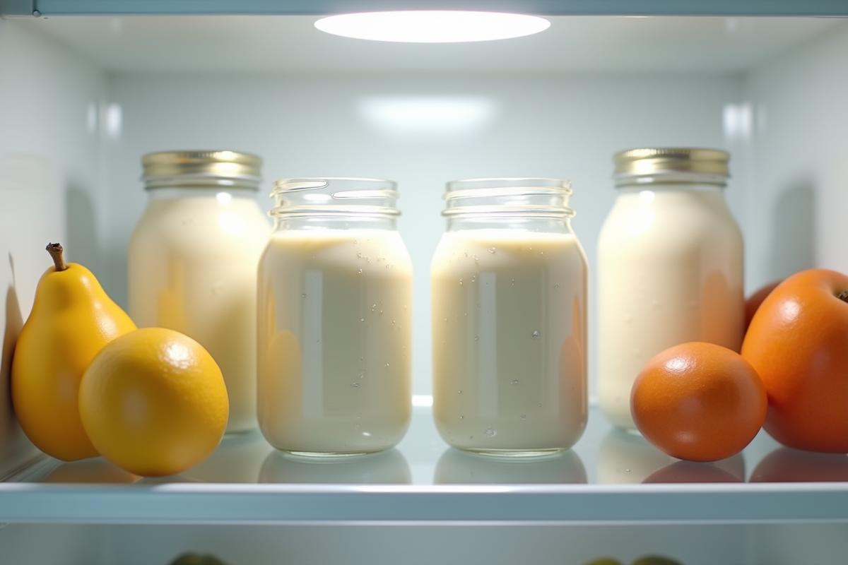 Verres de yaourt dans un frigo avec fruits frais à côté